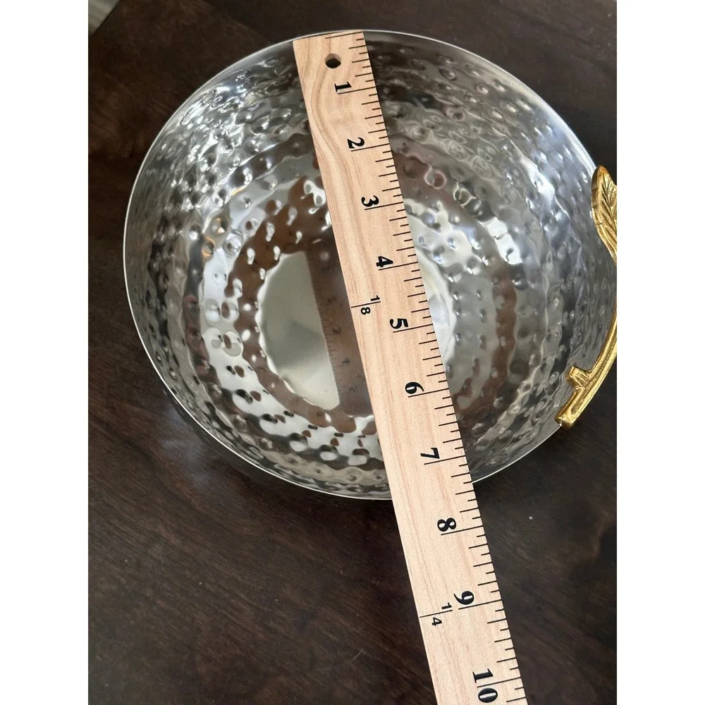 Hammered Stainless Steel Serving Bowl Gold Flower Handle Silver Made in India
